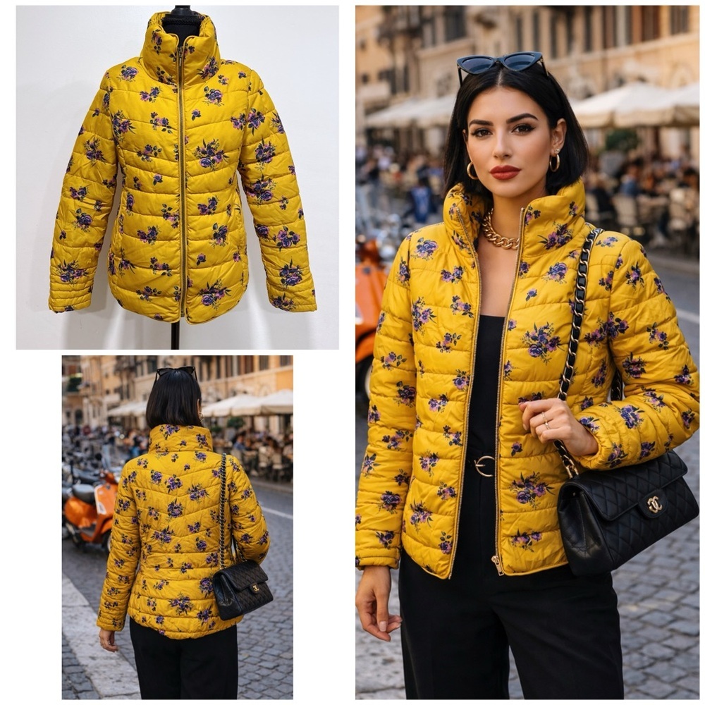 EUC ASOS Tu Purple Roses Flower Yellow Floral Puffer Puff Coat Jacket UK 8 US S​